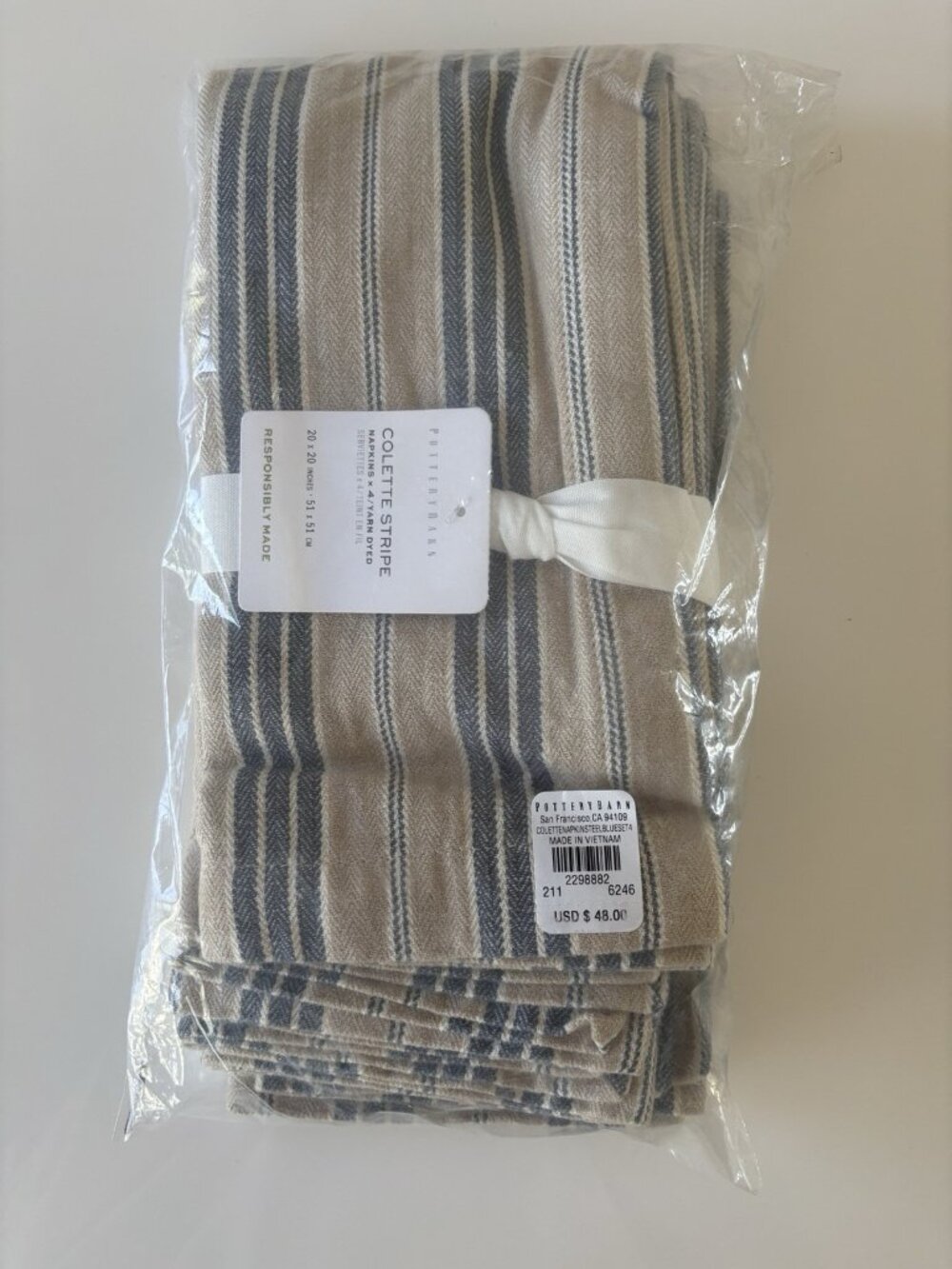 Pottery Barn Colette Stripe Napkins Set Of 4 Linen Cotton Flax Blue New
